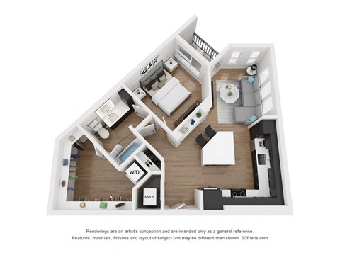 Floor plan for 1 bed, 1 bath, 735 sqft
